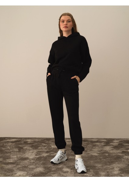 Kadın Siyah Pamuk Dokulu Oversize Sweat Pantolon