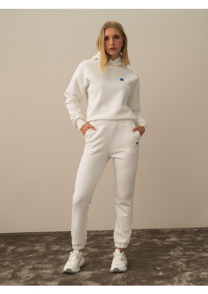 Kadın Kırık Beyaz Pamuk Dokulu Regular Fit Sweat Pantolon