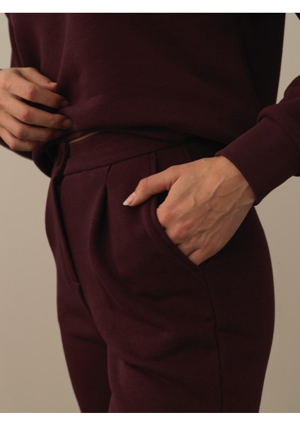 Kadın Bordo Pamuk Dokulu Regular Fit Sweat Pantolon modelleri