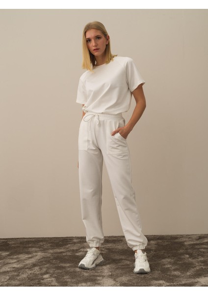 Kadın Kırık Beyaz Pamuk Dokulu Regular Fit Sweat Pantolon