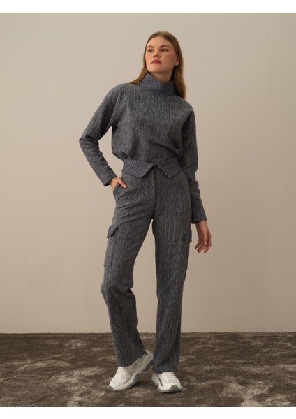 Kadın Koyu Gri Pamuk Dokulu Oversize Kargo Pantolon