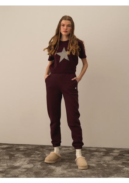 Kadın Bordo Pamuk Dokulu Regular Fit Sweat Pantolon