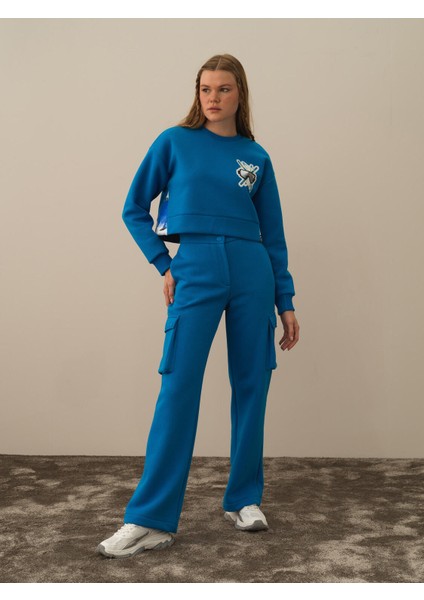 Kadın Mavi Pamuk Dokulu Oversize Kargo Pantolon