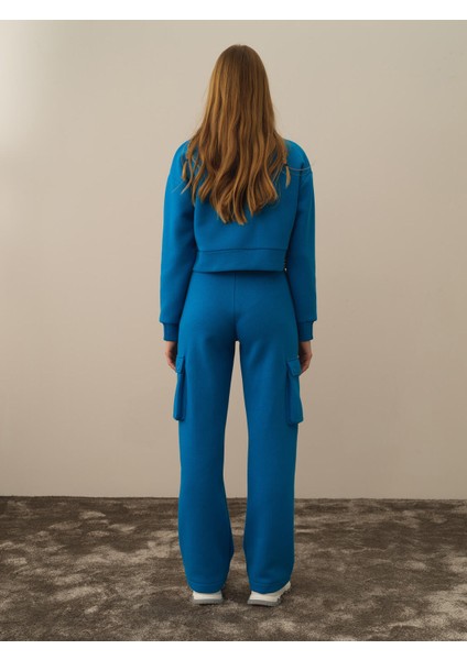 Kadın Mavi Pamuk Dokulu Oversize Kargo Pantolon fırsatları