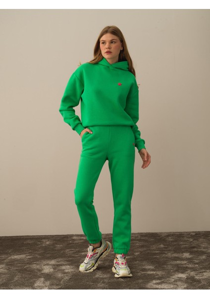 Kadın Yeşil Pamuk Dokulu Regular Fit Sweat Pantolon