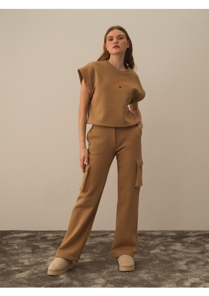 Kadın Camel Pamuk Dokulu Oversize Kargo Pantolon