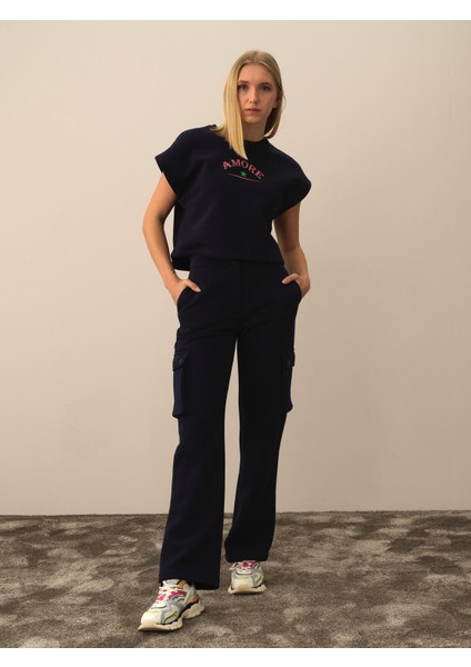 Kadın Lacivert Pamuk Dokulu Oversize Kargo Pantolon