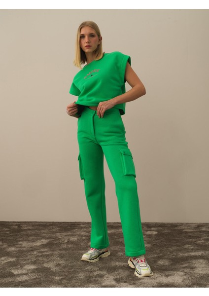 Kadın Yeşil Pamuk Dokulu Oversize Kargo Pantolon