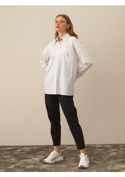 Kadın Kırık Beyaz Pamuk Dokulu Oversize Gömlek