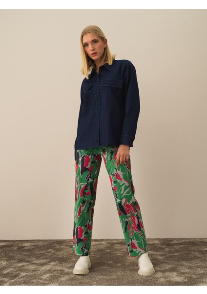 Kadın Lacivert Pamuk Dokulu Oversize Gömlek