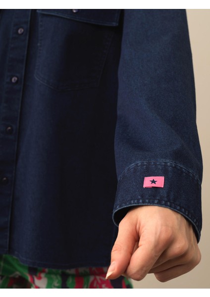 Kadın Lacivert Pamuk Dokulu Oversize Gömlek modelleri