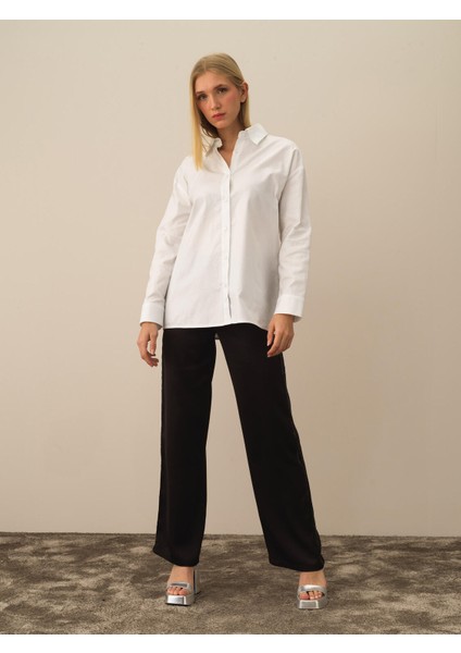 Kadın Kırık Beyaz Pamuk Dokulu Oversize Gömlek