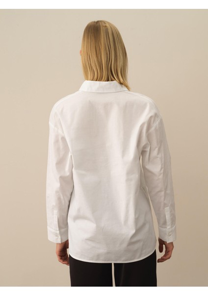 Kadın Kırık Beyaz Pamuk Dokulu Oversize Gömlek modelleri