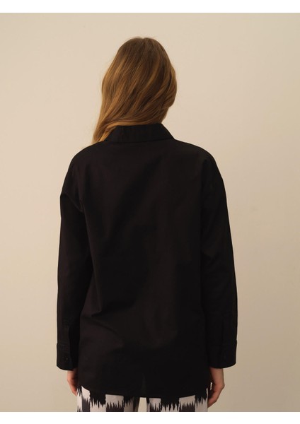 Kadın Siyah Pamuk Dokulu Oversize Gömlek modelleri