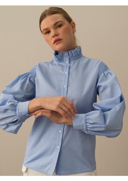 Kadın Mavi Pamuk Dokulu Regular Fit Gömlek fiyatları