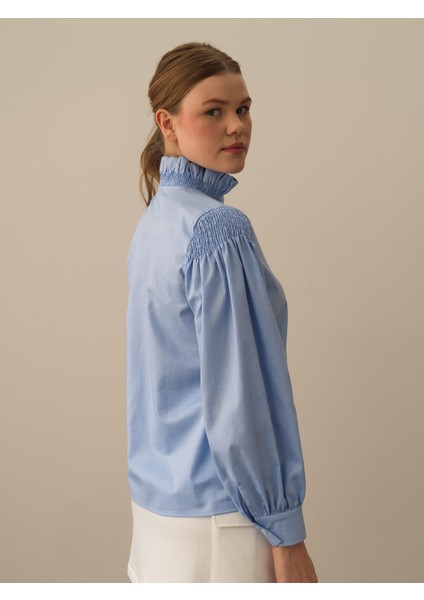 Kadın Mavi Pamuk Dokulu Regular Fit Gömlek modelleri