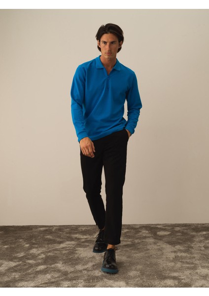 Erkek Mavi Pamuk Dokulu Regular Fit Uzun Kollu Tişört