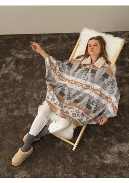 Kadın Gri Pamuk Dokulu Oversize Panço