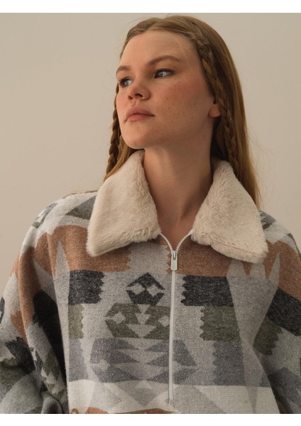 Kadın Gri Pamuk Dokulu Oversize Panço fiyatları