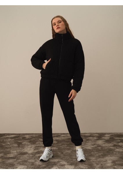 Kadın Siyah Pamuk Dokulu Oversize Mont