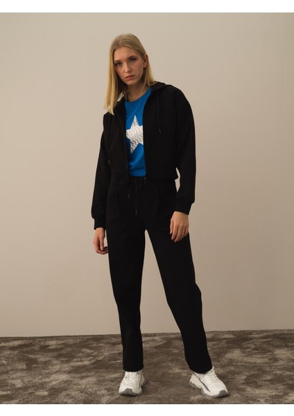 Kadın Siyah Pamuk Dokulu Regular Fit Sweatmont