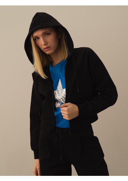 Kadın Siyah Pamuk Dokulu Regular Fit Sweatmont modelleri