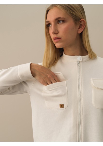 Kadın Ekru Pamuk Dokulu Oversize Sweatmont modelleri