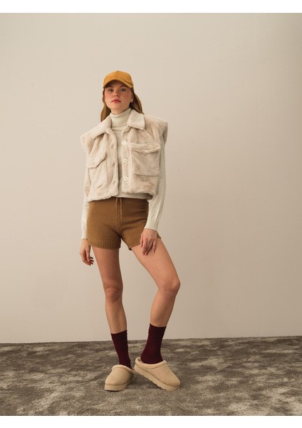 Kadın Ekru Formunu Koruyan Oversize Yelek