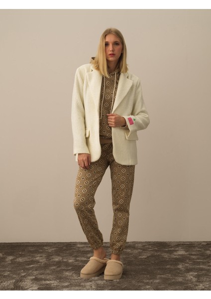 Kadın Ekru Doğal Yün Dokulu Oversize Ceket