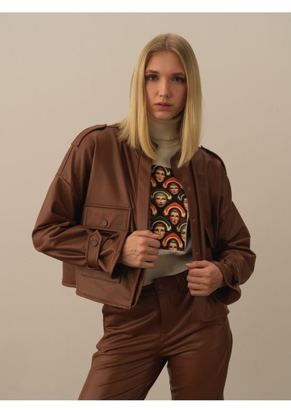 Kadın Camel Deri Görünümlü Oversize Ceket fiyatları