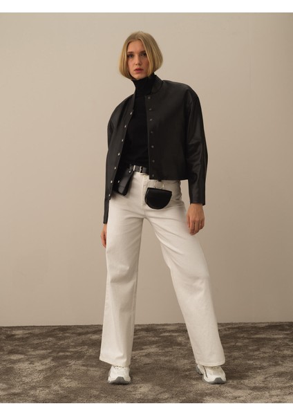 Kadın Siyah Deri Görünümlü Oversize Ceket