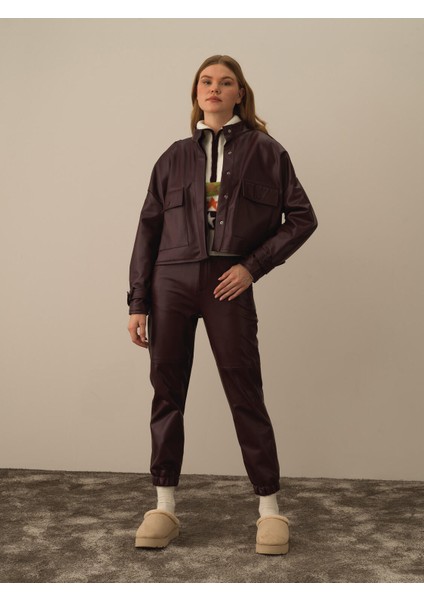 Kadın Bordo Deri Görünümlü Oversize Ceket