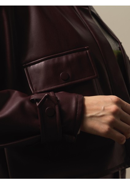Kadın Bordo Deri Görünümlü Oversize Ceket modelleri