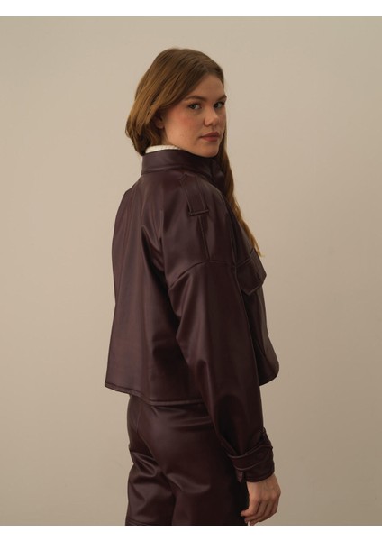 Kadın Bordo Deri Görünümlü Oversize Ceket fırsatları