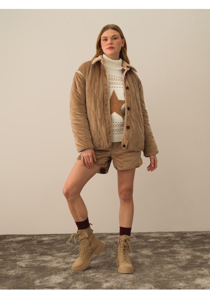 Kadın Camel Esnek Dokulu Oversize Mont