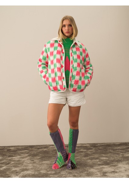 Kadın Kırık Beyaz Esnek Dokulu Oversize Mont