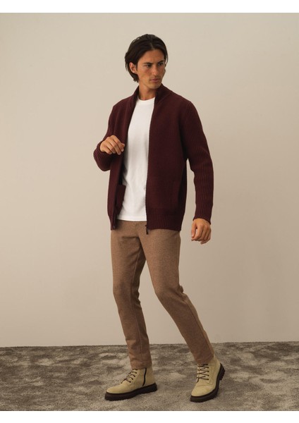 Erkek Bordo Doğal Yün Dokulu Regular Fit Hırka