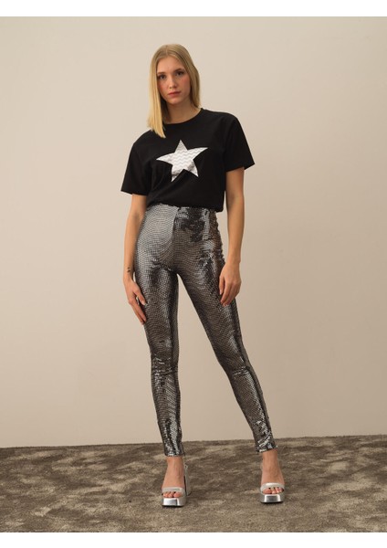 Kadın Siyah Esnek Dokulu Slim Fit Tayt