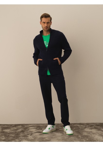 Erkek Lacivert Doğal Yün Dokulu Regular Fit Hırka