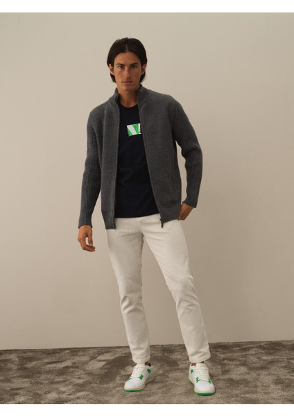 Erkek Koyu Gri Doğal Yün Dokulu Regular Fit Hırka