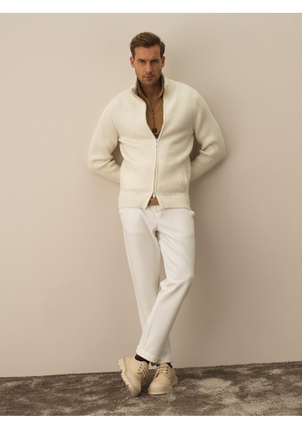 Erkek Ekru Doğal Yün Dokulu Regular Fit Hırka