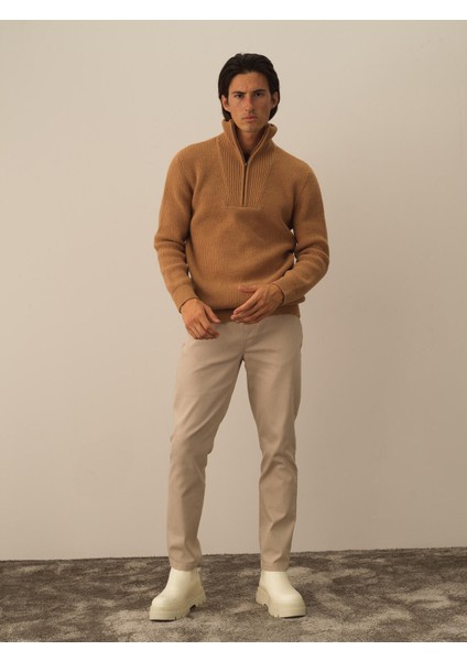 Erkek Camel Doğal Yün Dokulu Regular Fit Kazak