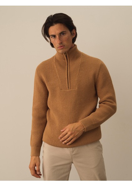 Erkek Camel Doğal Yün Dokulu Regular Fit Kazak fiyatları