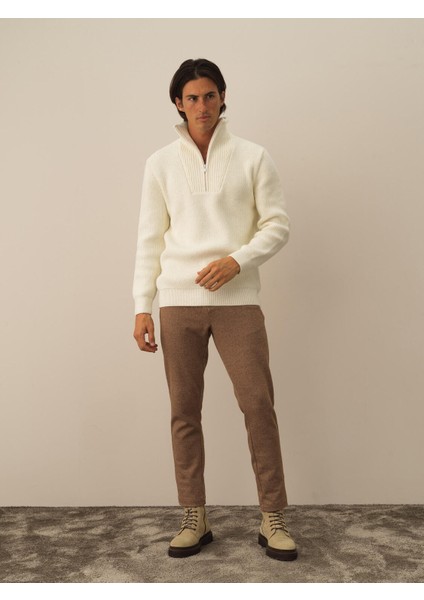 Erkek Ekru Doğal Yün Dokulu Regular Fit Kazak