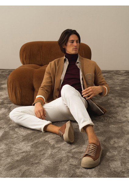 Erkek Camel Lüks Pamuk Dokulu Regular Fit Hırka