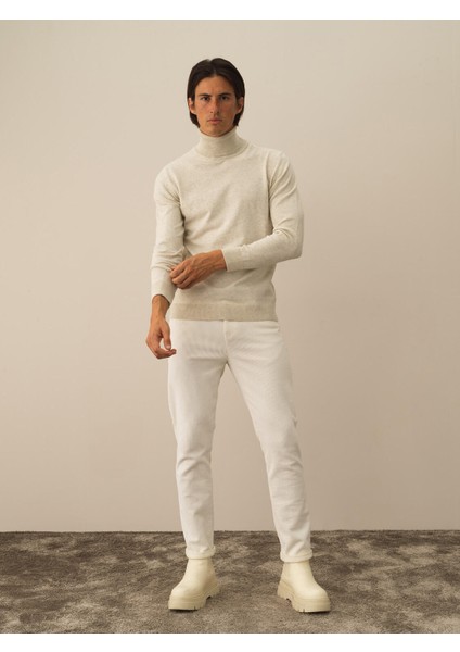 Erkek Ekru Dokulu Pamuk Dokulu Regular Fit Kazak