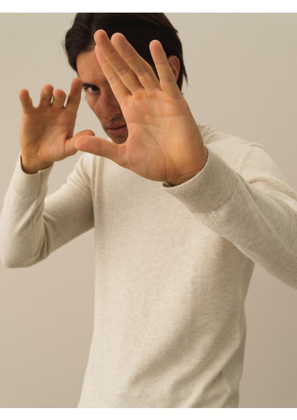 Erkek Ekru Dokulu Pamuk Dokulu Regular Fit Kazak fırsatları