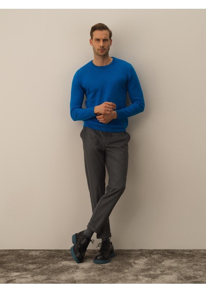 Erkek Mavi Pamuk Dokulu Regular Fit Kazak