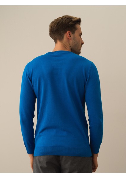 Erkek Mavi Pamuk Dokulu Regular Fit Kazak modelleri