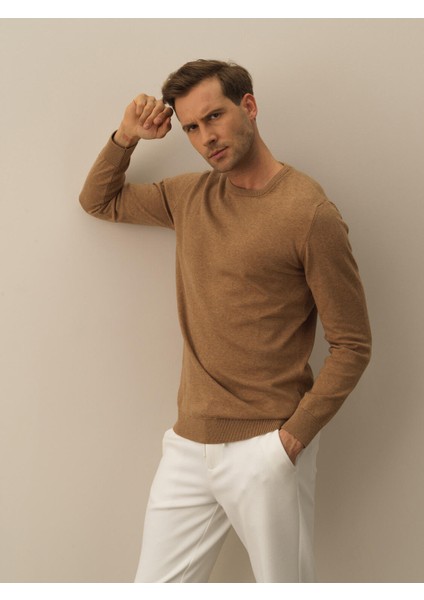 Erkek Camel Dokulu Pamuk Dokulu Regular Fit Kazak fiyatları